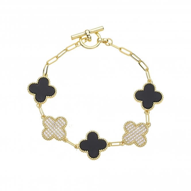 Clover Gold Plated Cubic Zirconia Bracelet - Black B1306