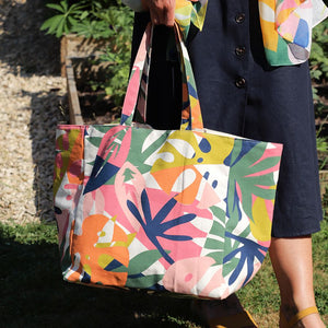 PINK/ORANGE MULTI MIX TROPICAL FLORAL CANVAS TOTE BAG