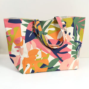 PINK/ORANGE MULTI MIX TROPICAL FLORAL CANVAS TOTE BAG