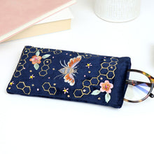 Load image into Gallery viewer, NAVY VELVET BEE AND HONEYCOMB EMBROIDERED GLASSES CASE
