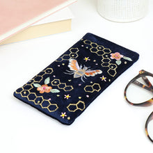 Load image into Gallery viewer, NAVY VELVET BEE AND HONEYCOMB EMBROIDERED GLASSES CASE
