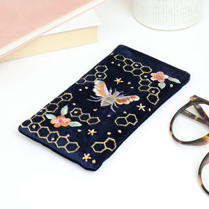 NAVY VELVET BEE AND HONEYCOMB EMBROIDERED GLASSES CASE