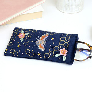 NAVY VELVET BEE AND HONEYCOMB EMBROIDERED GLASSES CASE