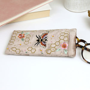 GOLDEN VELVET BEE AND HONEYCOMB EMBROIDERED GLASSES CASE