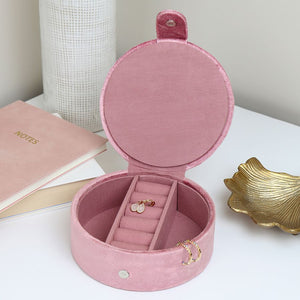 DUSKY PINK VELVET CRANES EMBROIDERED ROUND JEWELLERY/KEEPSAKE BOX