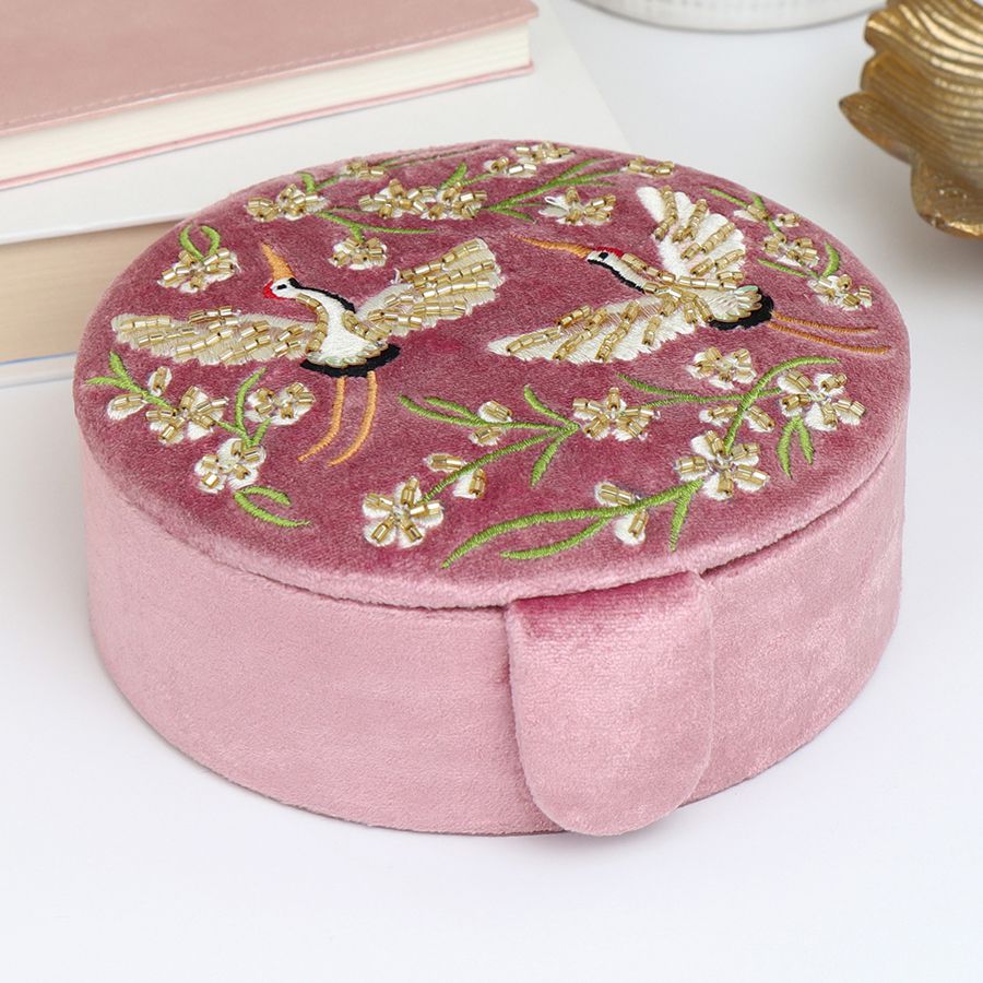 DUSKY PINK VELVET CRANES EMBROIDERED ROUND JEWELLERY/KEEPSAKE BOX