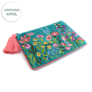 TURQUOISE MIX VELVET ZIP PURSE/POUCH WITH SUMMER MEADOW EMBROIDERY