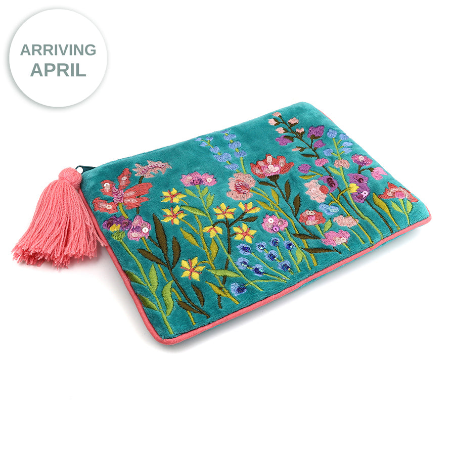 TURQUOISE MIX VELVET ZIP PURSE/POUCH WITH SUMMER MEADOW EMBROIDERY