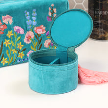 Load image into Gallery viewer, TURQUOISE MIX VELVET TRINKET BOX WITH SUMMER MEADOW EMBROIDERY
