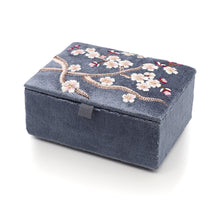 Load image into Gallery viewer, COBALT BLUE VELVET SMALL JEWELLERY BOX WITH SAKURA EMBROIDERY
