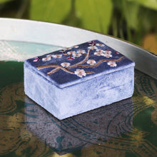 Load image into Gallery viewer, COBALT BLUE VELVET SMALL JEWELLERY BOX WITH SAKURA EMBROIDERY
