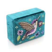 Load image into Gallery viewer, TEAL VELVET SMALL JEWELLERY BOX WITH HUMMINGBIRD EMBROIDERY
