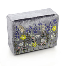 Load image into Gallery viewer, SMOKEY GREY VELVET SMALL JEWELLERY BOX WITH LAVENDER MEADOW EMBROIDERY
