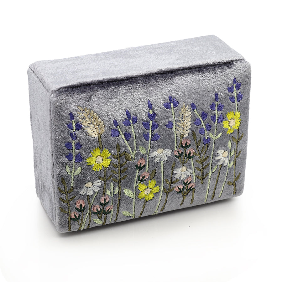 SMOKEY GREY VELVET SMALL JEWELLERY BOX WITH LAVENDER MEADOW EMBROIDERY