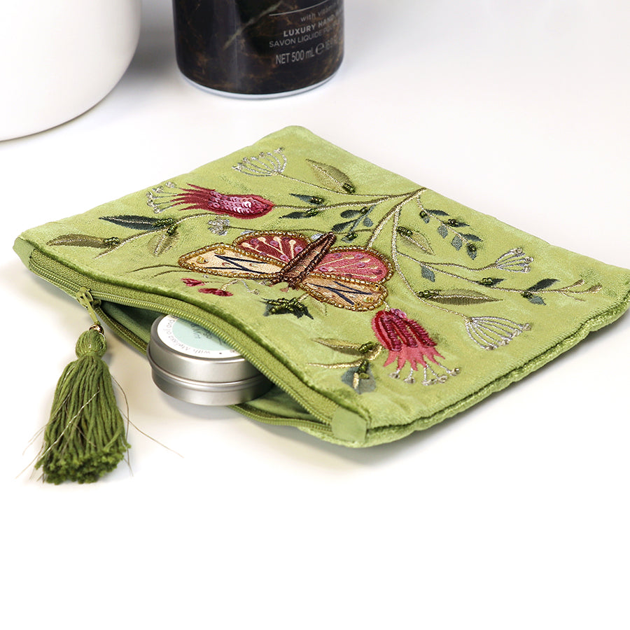GREEN VELVET ZIP PURSE/POUCH WITH LARGE BUTTERFLY EMBROIDERY