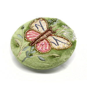 GREEN VELVET COMPACT MIRROR WITH LARGE BUTTERFLY EMBROIDERY