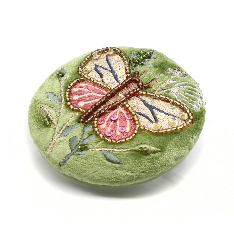 GREEN VELVET COMPACT MIRROR WITH LARGE BUTTERFLY EMBROIDERY