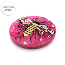 Load image into Gallery viewer, BRIGHT PINK VELVET COMPACT MIRROR WITH BEE IN FLORAL EMBROIDERY
