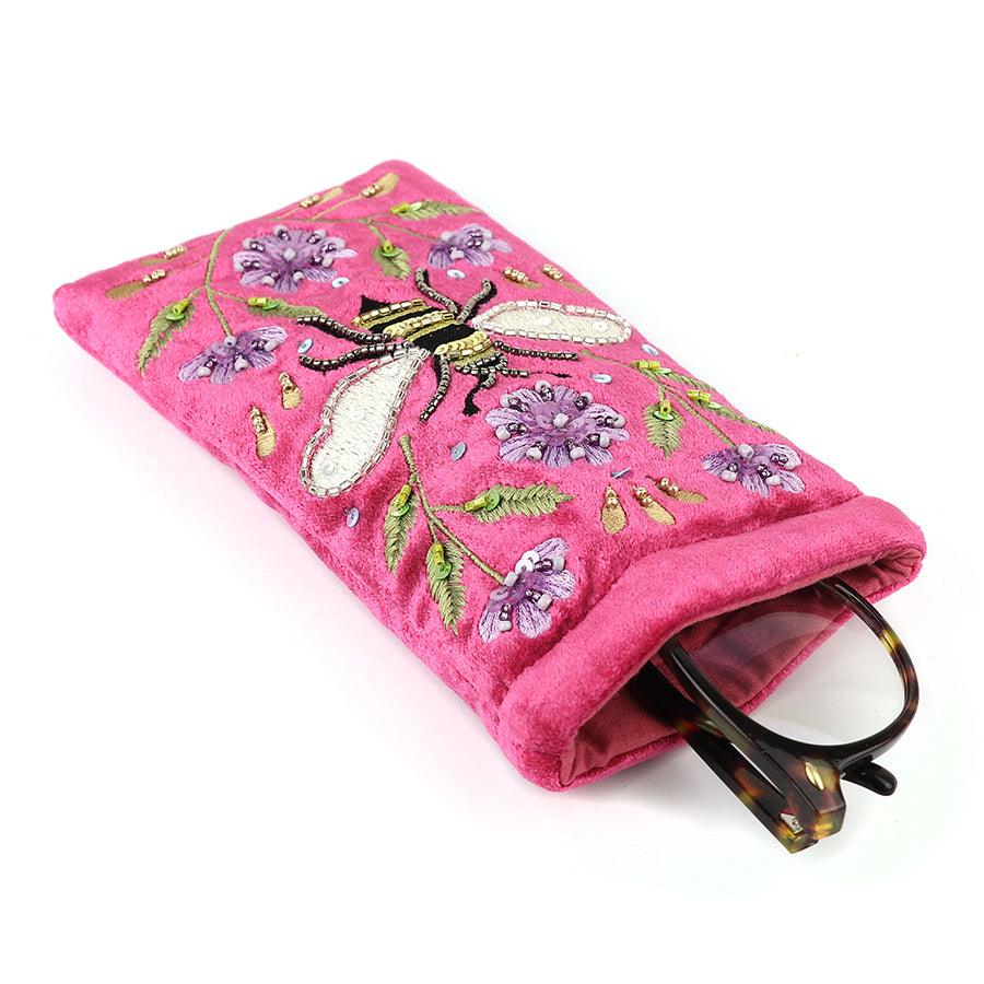 BRIGHT PINK VELVET GLASSES CASE WITH BEE IN FLORAL EMBROIDERY