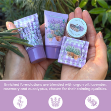 Load image into Gallery viewer, ENGLISH LAVENDER Mini Sleep Essentials (Hand Cream 30ml, Calm Balm 9g, Body Wash 30ml, Relaxing Bath Salts 30g)
