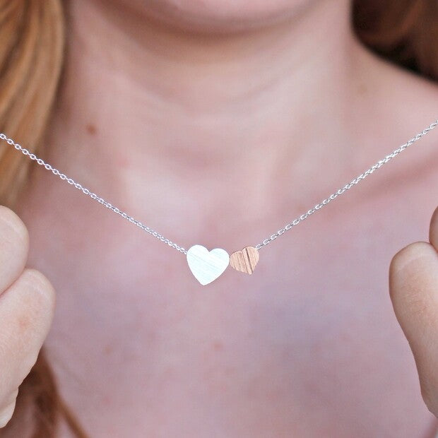 Brushed Double Heart Necklace in Silver and Rose Gold Zebra Blush