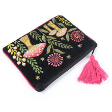 Load image into Gallery viewer, MIDNIGHT VELVET TOADSTOOLS ZIP PURSE WITH BRIGHT PINK TRIM AND TASSEL
