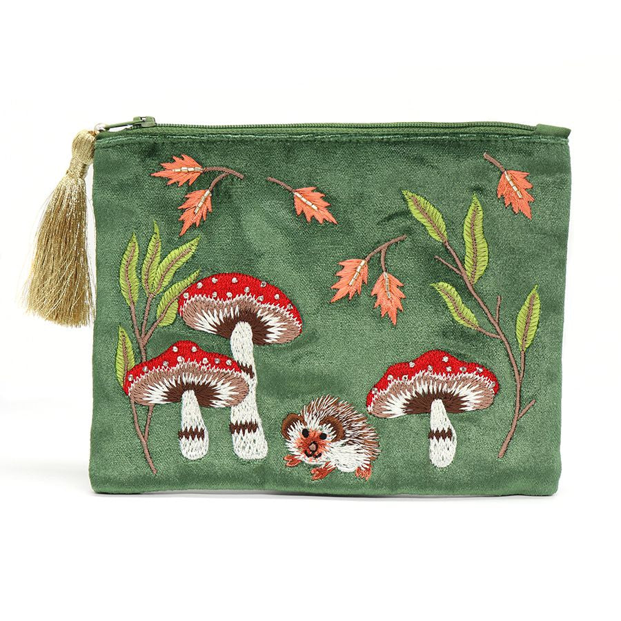 GRASS GREEN VELVET AUTUMN HEDGEHOG & TOADSTOOLS EMBROIDERED PURSE WITH ZIP TASSEL