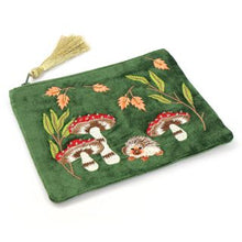 Load image into Gallery viewer, GRASS GREEN VELVET AUTUMN HEDGEHOG &amp; TOADSTOOLS EMBROIDERED PURSE WITH ZIP TASSEL
