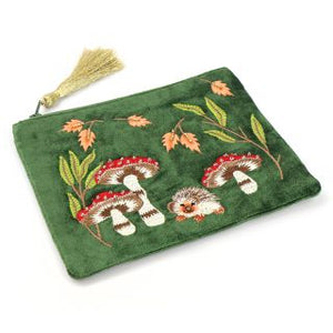 GRASS GREEN VELVET AUTUMN HEDGEHOG & TOADSTOOLS EMBROIDERED PURSE WITH ZIP TASSEL