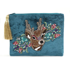 TEAL VELVET EMBROIDERED AND BEADED STAG AND FLOWER PURSE WITH GOLD ZIP TASSEL