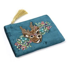 Load image into Gallery viewer, TEAL VELVET EMBROIDERED AND BEADED STAG AND FLOWER PURSE WITH GOLD ZIP TASSEL
