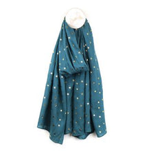 Load image into Gallery viewer, TEAL VISCOSE SCARF WITH GOLD STAR FOIL PRINT
