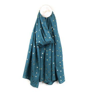 TEAL VISCOSE SCARF WITH GOLD STAR FOIL PRINT