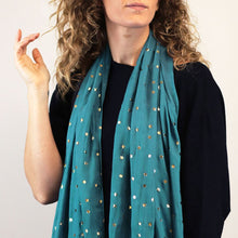 Load image into Gallery viewer, TEAL VISCOSE SCARF WITH GOLD STAR FOIL PRINT
