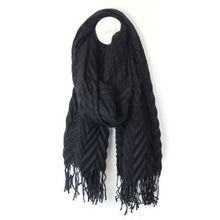 Load image into Gallery viewer, BLACK HERRINGBONE PLEAT RECYCLED POLYESTER WINTER SCARF WITH TASSEL FRINGE
