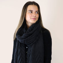 Load image into Gallery viewer, BLACK HERRINGBONE PLEAT RECYCLED POLYESTER WINTER SCARF WITH TASSEL FRINGE
