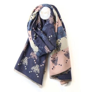 NAVY PALE PINK MIX BEE REVERSIBLE JACQUARD SCARF