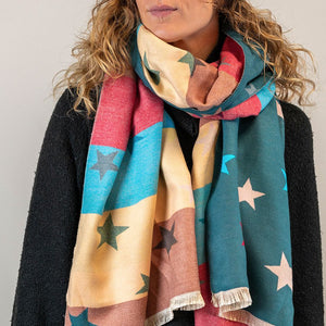 DUSKY TEAL MULTI STAR & STRIPE REVERSIBLE JACQUARD SCARF