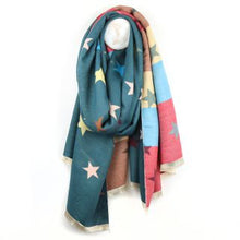 Load image into Gallery viewer, DUSKY TEAL MULTI STAR &amp; STRIPE REVERSIBLE JACQUARD SCARF
