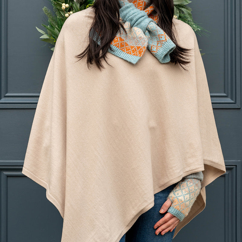 OATMEAL RECYCLED POLY VISCOSE BLEND FINE KNITTED PONCHO