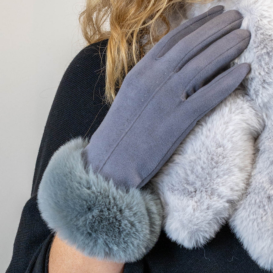 DOVE GREY FAUX SUEDE GLOVES WITH FAUX FUR CUFF