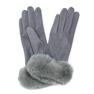 DOVE GREY FAUX SUEDE GLOVES WITH FAUX FUR CUFF