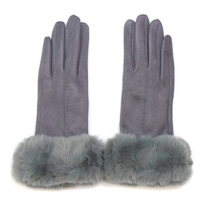 DOVE GREY FAUX SUEDE GLOVES WITH FAUX FUR CUFF