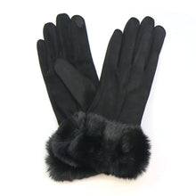 Load image into Gallery viewer, BLACK FAUX SUEDE GLOVES WITH FAUX FUR CUFF
