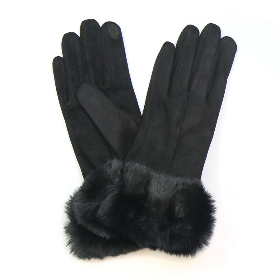 BLACK FAUX SUEDE GLOVES WITH FAUX FUR CUFF