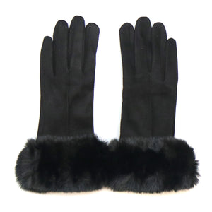 BLACK FAUX SUEDE GLOVES WITH FAUX FUR CUFF