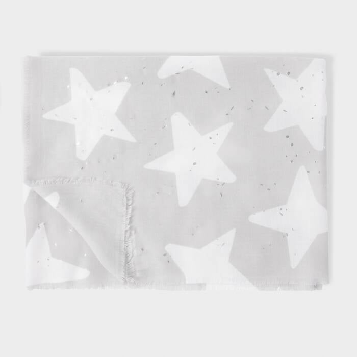 PRINTED FOIL SCARF STARSHINE Pale Grey White Silver Foil