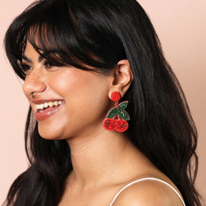 Beaded Red Cherry Drop Earrings