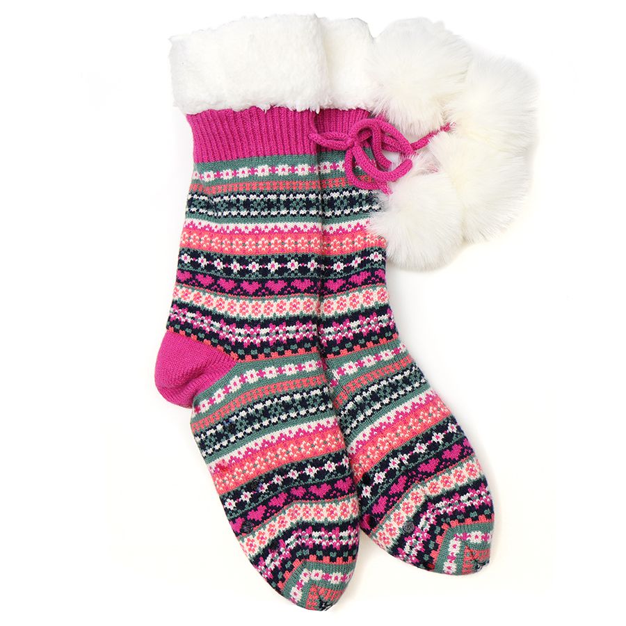 PINK MIX JAZZY HEARTS FAIRISLE SLIPPER SOCKS LINED WITH SHERPA