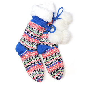 BLUE MIX JAZZY HEARTS FAIRISLE SLIPPER SOCKS LINED WITH SHERPA